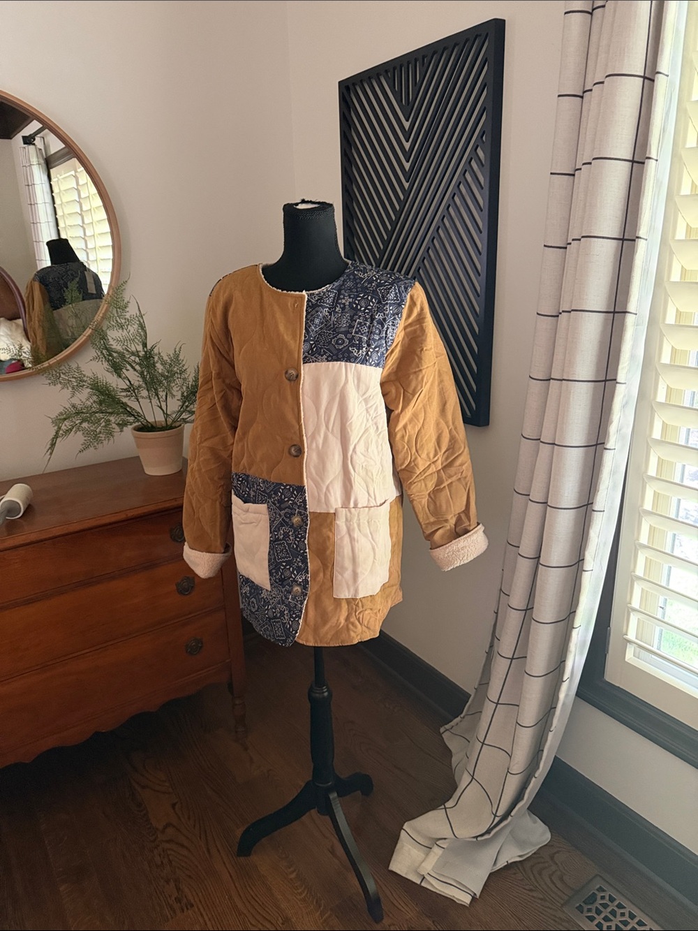 Hem & Thread Patchwork Quilted Jacket in Mustard, Cream & Navy medium
